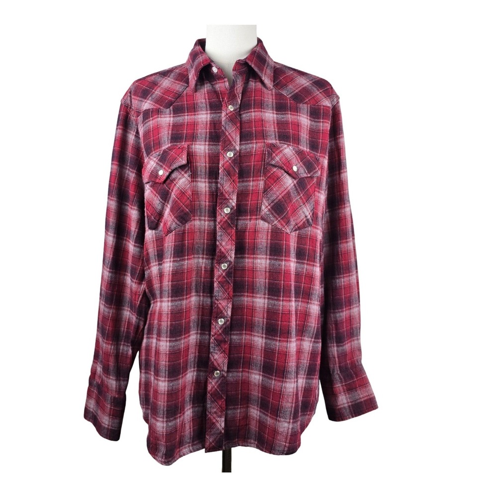 Wrangler Wrancher Western Shirt Women Large Red Black Plaid Pearl Snap Cowgirl